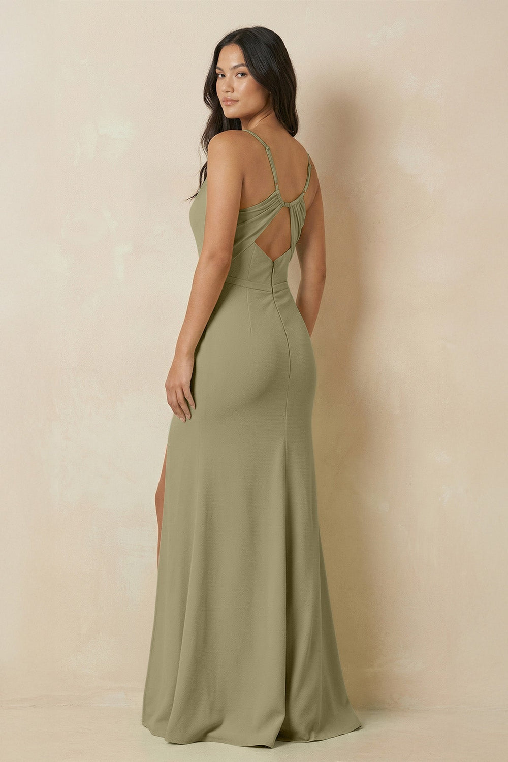 Sheath Cami Strap Chiffon Bridesmaid Dress with Slit in Thyme - KissProm Bridesmaid Dresses