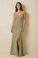 Sheath Cami Strap Chiffon Bridesmaid Dress with Slit in Thyme - KissProm Bridesmaid Dresses