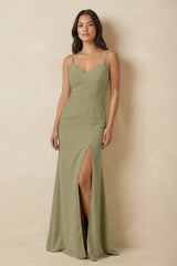 Sheath Cami Strap Chiffon Bridesmaid Dress with Slit in Thyme - KissProm Bridesmaid Dresses