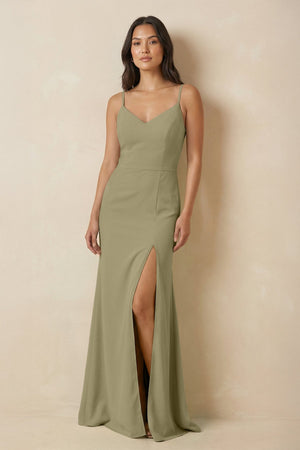 Sheath Cami Strap Chiffon Bridesmaid Dress with Slit in Thyme - KissProm Bridesmaid Dresses