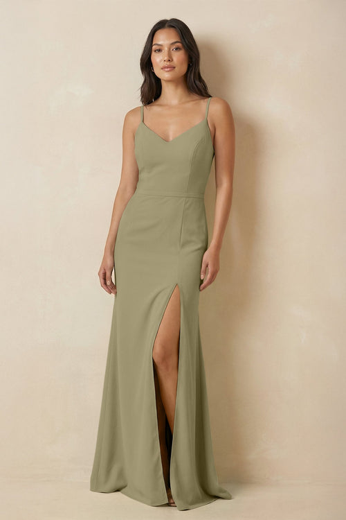Sheath Cami Strap Chiffon Bridesmaid Dress with Slit in Thyme - KissProm Bridesmaid Dresses