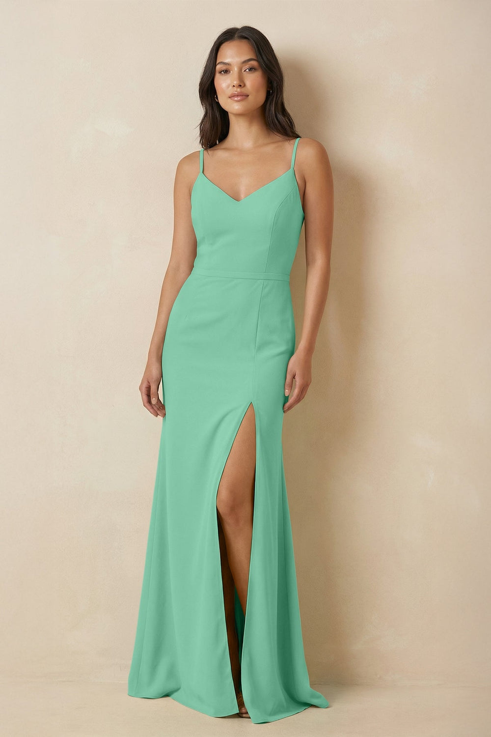 Sheath Cami Strap Chiffon Bridesmaid Dress with Slit in Turquoise - KissProm Bridesmaid Dresses