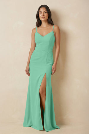 Sheath Cami Strap Chiffon Bridesmaid Dress with Slit in Turquoise - KissProm Bridesmaid Dresses