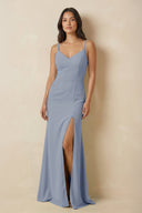 Sheath Cami Strap Chiffon Bridesmaid Dress with Slit in Twilight - KissProm Bridesmaid Dresses