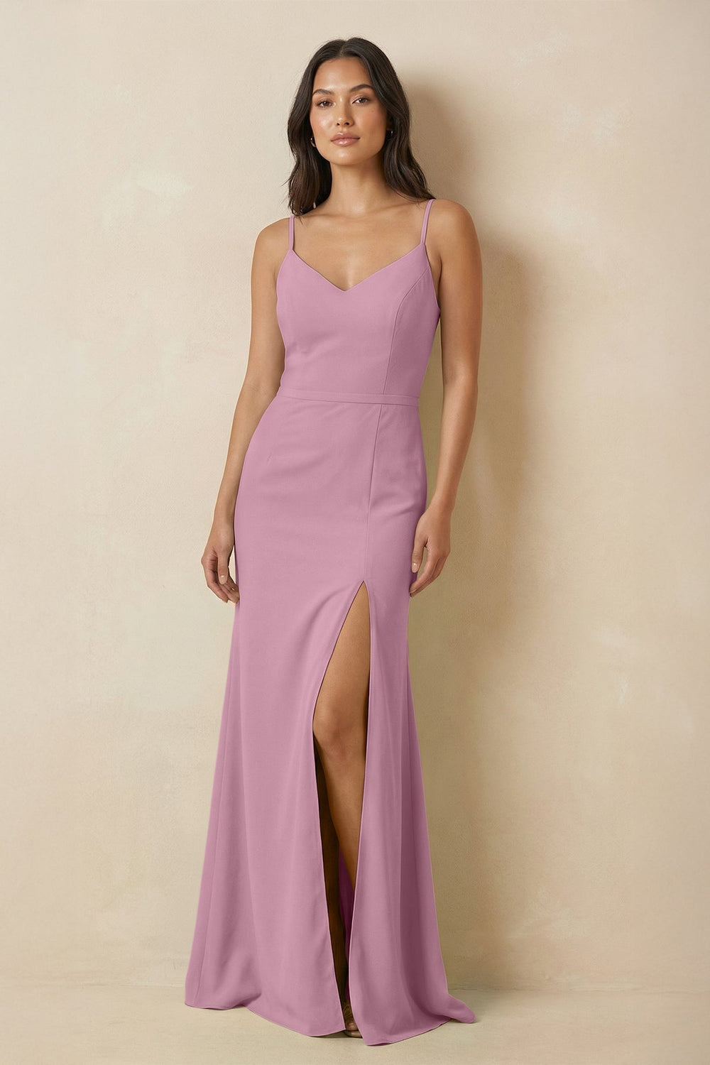 Sheath Cami Strap Chiffon Bridesmaid Dress with Slit in Vintage Mauve - KissProm Bridesmaid Dresses