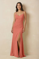Sheath Cami Strap Chiffon Bridesmaid Dress with Slit in Wild Rose - KissProm Bridesmaid Dresses