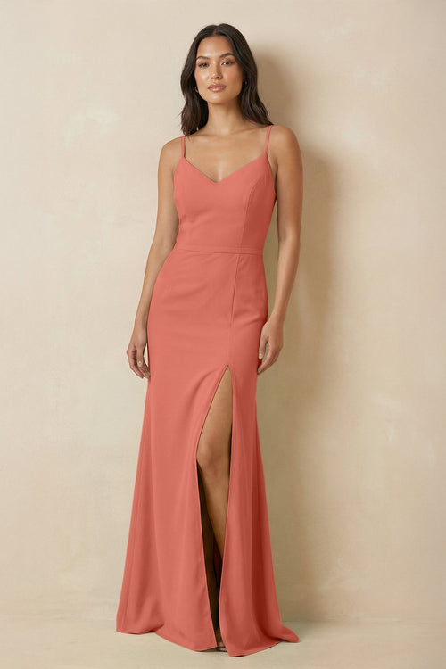 Sheath Cami Strap Chiffon Bridesmaid Dress with Slit in Wild Rose - KissProm Bridesmaid Dresses
