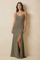 Sheath Cami Strap Chiffon Bridesmaid Dress with Slit in Willow Green - KissProm Bridesmaid Dresses