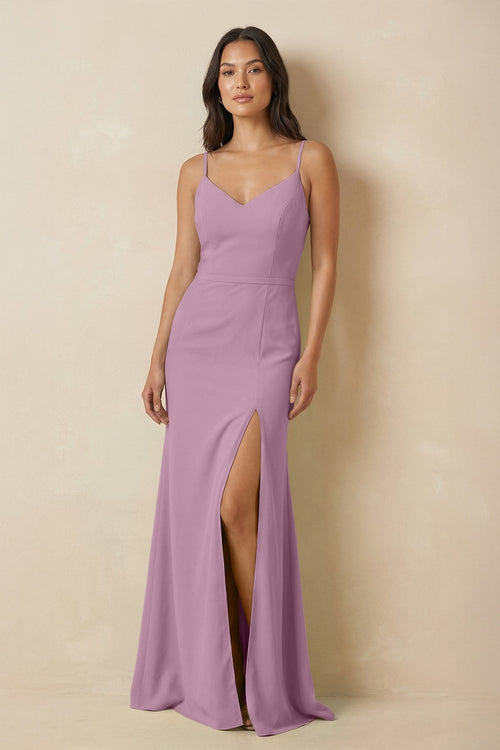 Sheath Cami Strap Chiffon Bridesmaid Dress with Slit in Wisteria - KissProm Bridesmaid Dresses