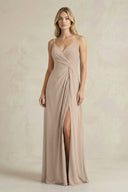 Sheath Cami Strap Ruched Chiffon Bridesmaid Dress in Almond - KissProm Bridesmaid Dresses
