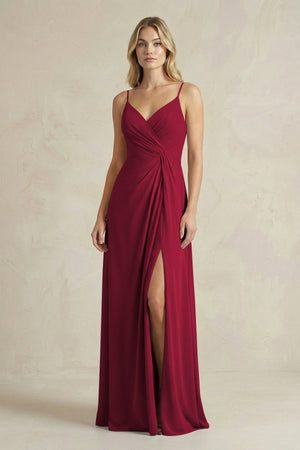 Sheath Cami Strap Ruched Chiffon Bridesmaid Dress in Berry - KissProm Bridesmaid Dresses