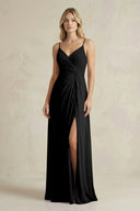 Sheath Cami Strap Ruched Chiffon Bridesmaid Dress in Black - KissProm Bridesmaid Dresses