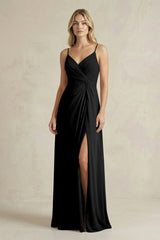 Sheath Cami Strap Ruched Chiffon Bridesmaid Dress in Black - KissProm Bridesmaid Dresses