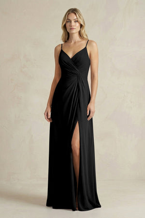 Sheath Cami Strap Ruched Chiffon Bridesmaid Dress in Black - KissProm Bridesmaid Dresses
