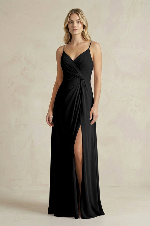Sheath Cami Strap Ruched Chiffon Bridesmaid Dress in Black - KissProm Bridesmaid Dresses