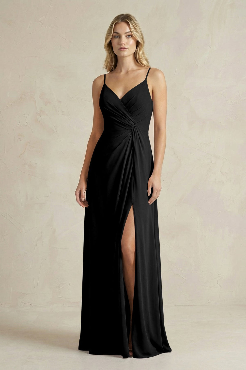 Sheath Cami Strap Ruched Chiffon Bridesmaid Dress in Black - KissProm Bridesmaid Dresses