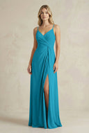 Sheath Cami Strap Ruched Chiffon Bridesmaid Dress in Blue Jay - KissProm Bridesmaid Dresses