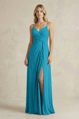 Sheath Cami Strap Ruched Chiffon Bridesmaid Dress in Blue Jay - KissProm Bridesmaid Dresses