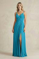 Sheath Cami Strap Ruched Chiffon Bridesmaid Dress in Blue Jay - KissProm Bridesmaid Dresses