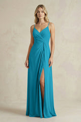 Sheath Cami Strap Ruched Chiffon Bridesmaid Dress in Blue Jay - KissProm Bridesmaid Dresses