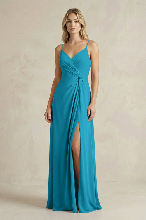 Sheath Cami Strap Ruched Chiffon Bridesmaid Dress in Blue Jay - KissProm Bridesmaid Dresses