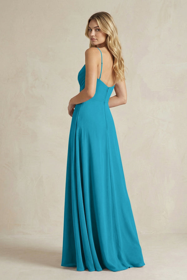 Sheath Cami Strap Ruched Chiffon Bridesmaid Dress in Blue Jay - KissProm Bridesmaid Dresses