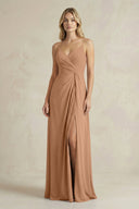 Sheath Cami Strap Ruched Chiffon Bridesmaid Dress in Bronzer - KissProm Bridesmaid Dresses