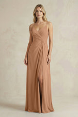 Sheath Cami Strap Ruched Chiffon Bridesmaid Dress in Bronzer - KissProm Bridesmaid Dresses