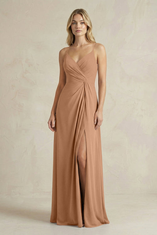Sheath Cami Strap Ruched Chiffon Bridesmaid Dress in Bronzer - KissProm Bridesmaid Dresses