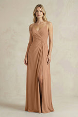 Sheath Cami Strap Ruched Chiffon Bridesmaid Dress in Bronzer - KissProm Bridesmaid Dresses