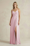 Sheath Cami Strap Ruched Chiffon Bridesmaid Dress in Candy Pink - KissProm Bridesmaid Dresses