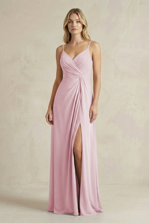 Sheath Cami Strap Ruched Chiffon Bridesmaid Dress in Candy Pink - KissProm Bridesmaid Dresses