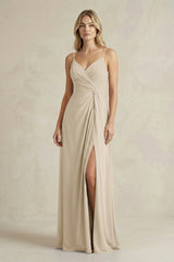 Sheath Cami Strap Ruched Chiffon Bridesmaid Dress in Champagne - KissProm Bridesmaid Dresses