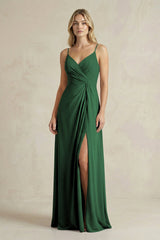 Sheath Cami Strap Ruched Chiffon Bridesmaid Dress in Dark Green - KissProm Bridesmaid Dresses