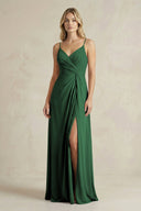 Sheath Cami Strap Ruched Chiffon Bridesmaid Dress in Dark Green - KissProm Bridesmaid Dresses