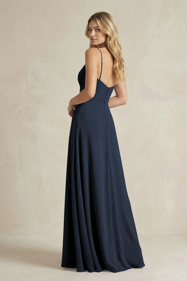 Sheath Cami Strap Ruched Chiffon Bridesmaid Dress in Dark Navy - KissProm Bridesmaid Dresses
