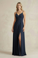 Sheath Cami Strap Ruched Chiffon Bridesmaid Dress in Dark Navy - KissProm Bridesmaid Dresses