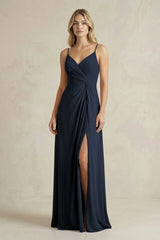 Sheath Cami Strap Ruched Chiffon Bridesmaid Dress in Dark Navy - KissProm Bridesmaid Dresses