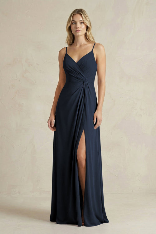 Sheath Cami Strap Ruched Chiffon Bridesmaid Dress in Dark Navy - KissProm Bridesmaid Dresses