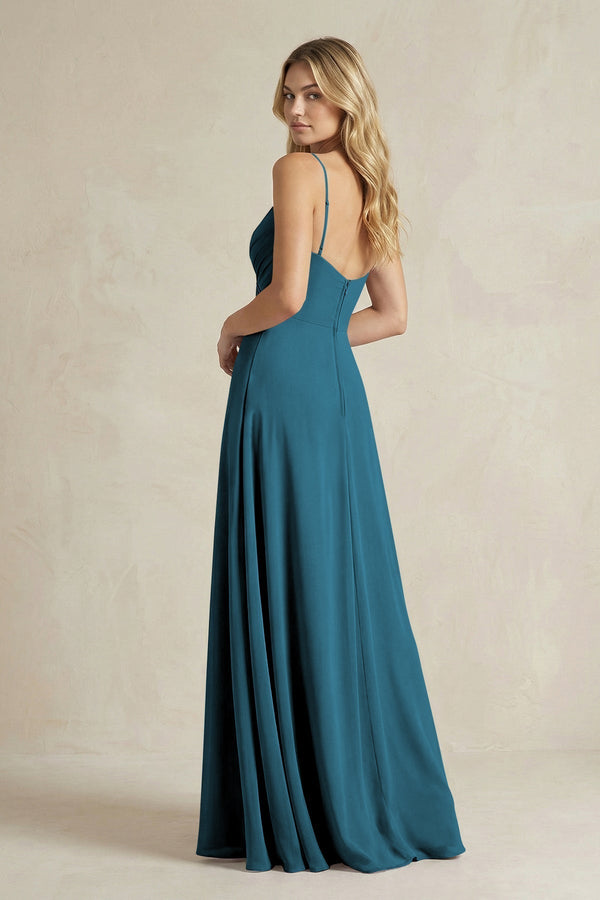 Sheath Cami Strap Ruched Chiffon Bridesmaid Dress in Dark Teal - KissProm Bridesmaid Dresses