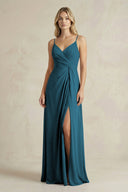 Sheath Cami Strap Ruched Chiffon Bridesmaid Dress in Dark Teal - KissProm Bridesmaid Dresses