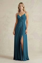 Sheath Cami Strap Ruched Chiffon Bridesmaid Dress in Dark Teal - KissProm Bridesmaid Dresses