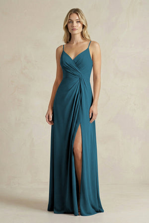 Sheath Cami Strap Ruched Chiffon Bridesmaid Dress in Dark Teal - KissProm Bridesmaid Dresses