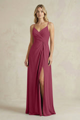 Sheath Cami Strap Ruched Chiffon Bridesmaid Dress in Desert Rose - KissProm Bridesmaid Dresses