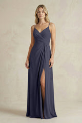 Sheath Cami Strap Ruched Chiffon Bridesmaid Dress in Dusk Blue - KissProm Bridesmaid Dresses