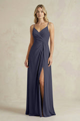 Sheath Cami Strap Ruched Chiffon Bridesmaid Dress in Dusk Blue - KissProm Bridesmaid Dresses