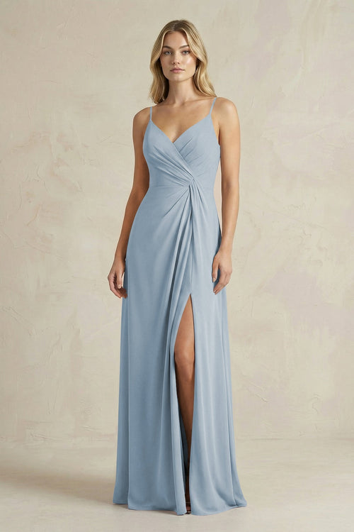 Sheath Cami Strap Ruched Chiffon Bridesmaid Dress in Dusty Blue - KissProm Bridesmaid Dresses