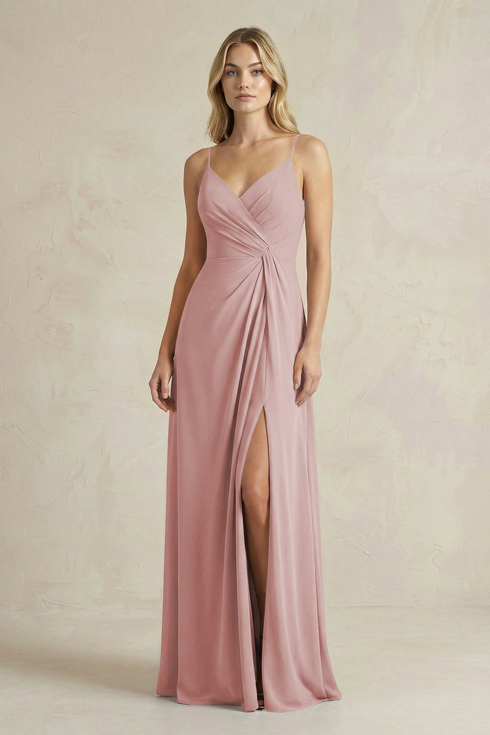 Sheath Cami Strap Ruched Chiffon Bridesmaid Dress in Dusty Rose - KissProm Bridesmaid Dresses