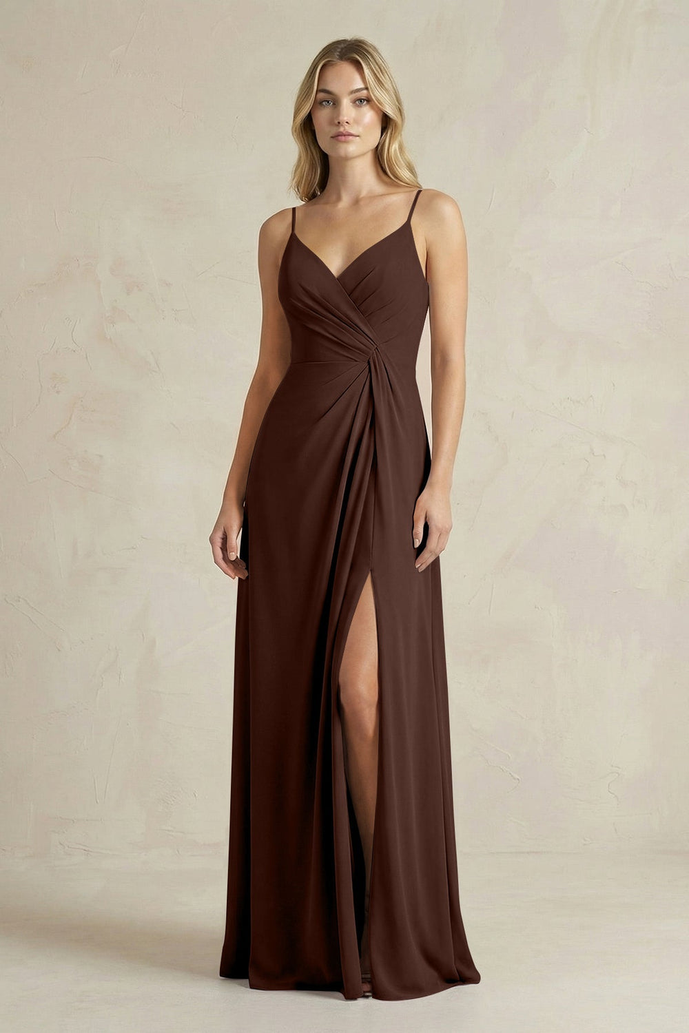 Sheath Cami Strap Ruched Chiffon Bridesmaid Dress in Espresso - KissProm Bridesmaid Dresses