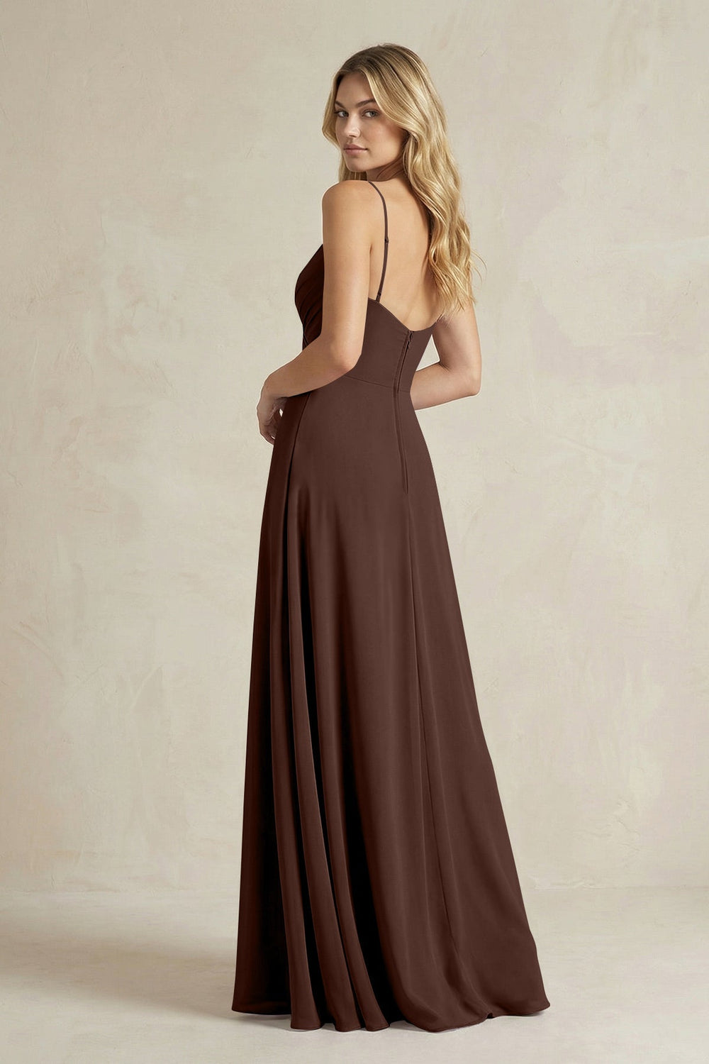 Sheath Cami Strap Ruched Chiffon Bridesmaid Dress in Espresso - KissProm Bridesmaid Dresses